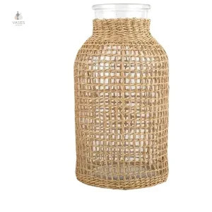 Vase décoratif en paille et verre naturel